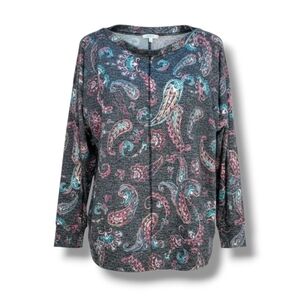 Maurices Women’s Snap Shoulder Paisley Blouse Top Gray Pink Blue – Size Small